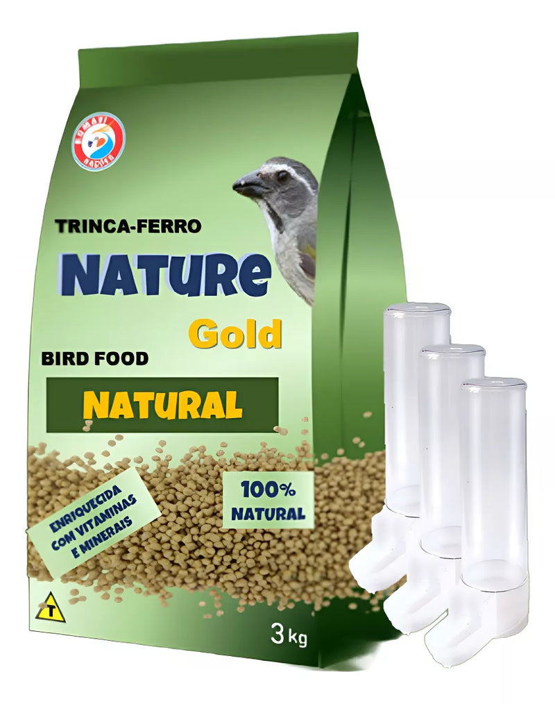 1 Nature Gold Natural de 3 kg, ganhe 3 bebedouros para pássaro (malha larga, clone).